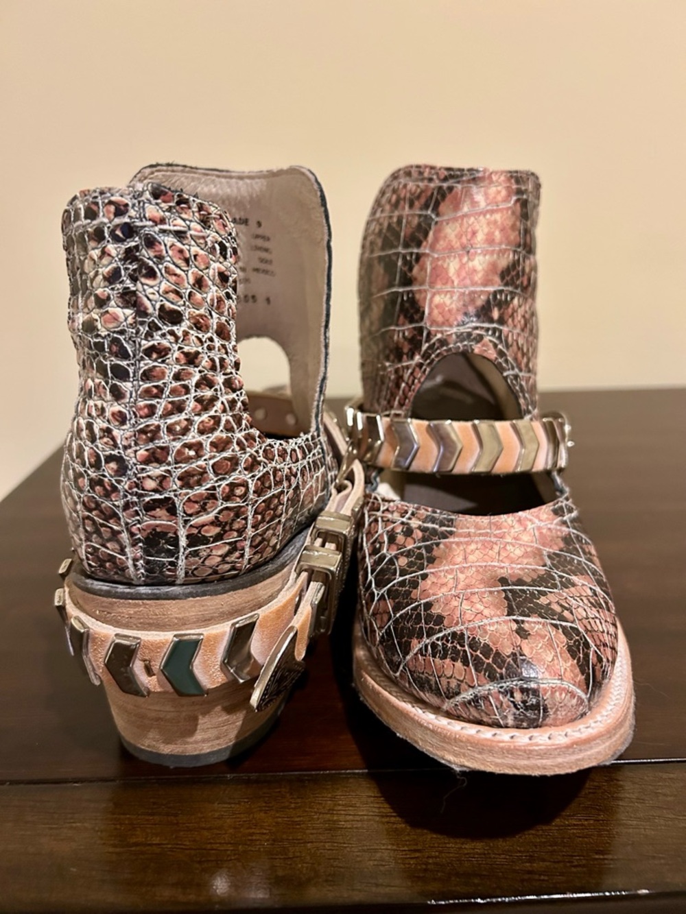 Freebird Blade Pink Brown Snake-Print Ankle Booties with Chevron Strap - Picture 3 of 4